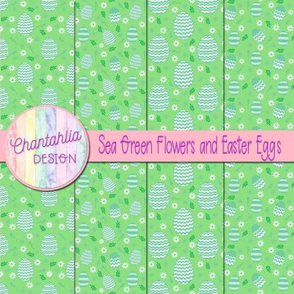 Free sea green flowers and Easter eggs digital papers