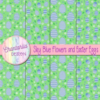 Free sky blue flowers and Easter eggs digital papers