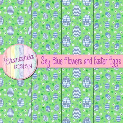 Free sky blue flowers and Easter eggs digital papers