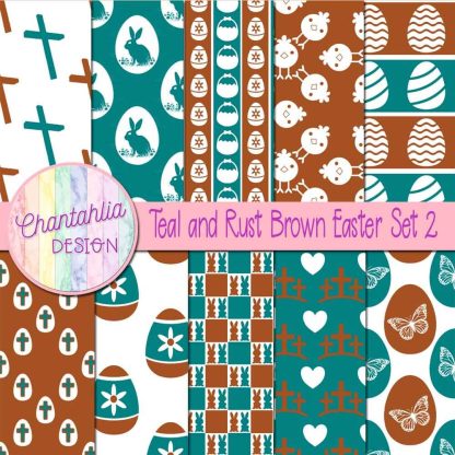 Free teal and rust brown Easter digital papers