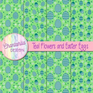 Free teal flowers and Easter eggs digital papers