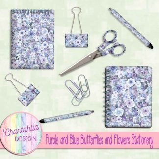 Free stationery design elements in a Purple and Blue Butterflies and Flowers theme