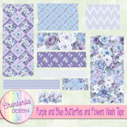 Free washi tape in a Purple and Blue Butterflies and Flowers theme.