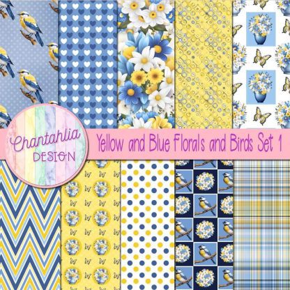 Free digital papers in a Yellow and Blue Florals and Birds theme