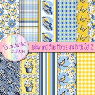 Free digital papers in a Yellow and Blue Florals and Birds theme