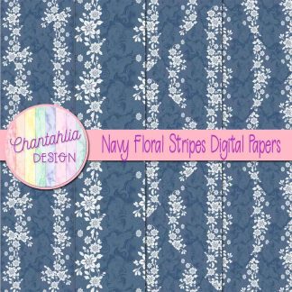 Free navy floral stripes digital papers