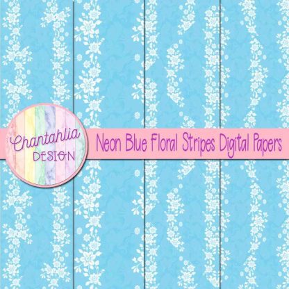 Free neon blue floral stripes digital papers