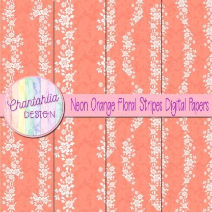 Free neon orange floral stripes digital papers