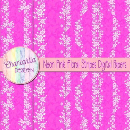 Free neon pink floral stripes digital papers