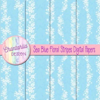 Free sea blue floral stripes digital papers