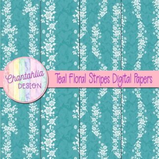 Free teal floral stripes digital papers