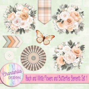 Peach and White Flowers and Butterflies Elements Set 1 - Chantahlia Design