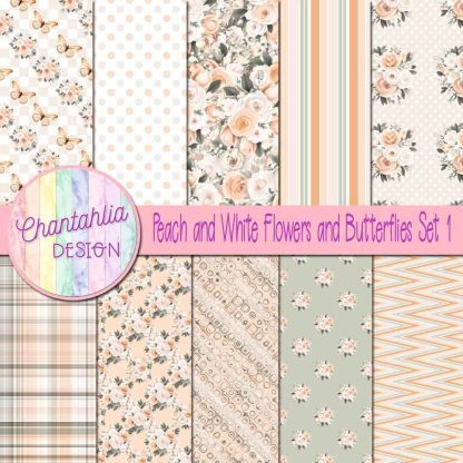 Free digital papers in a Peach and White Flowers and Butterflies theme