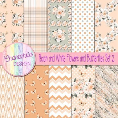 Free digital papers in a Peach and White Flowers and Butterflies theme