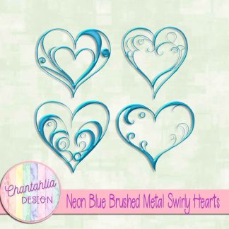 Free neon blue brushed metal swirly hearts design elements