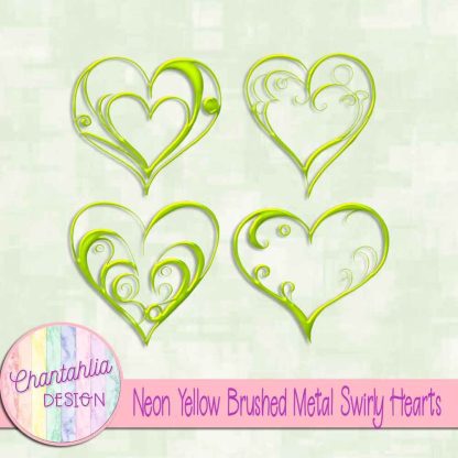 Free neon yellow brushed metal swirly hearts design elements