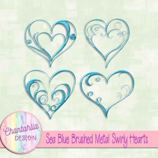 Free sea blue brushed metal swirly hearts design elements