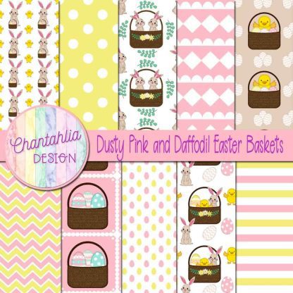 Free dusty pink and daffodil Easter baskets digital papers