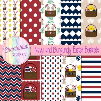 Free navy and burgundy Easter baskets digital papers