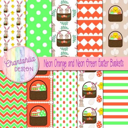 Free neon orange and neon green Easter baskets digital papers
