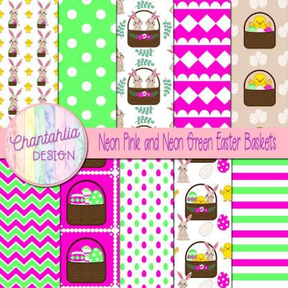 Free neon pink and neon green Easter baskets digital papers