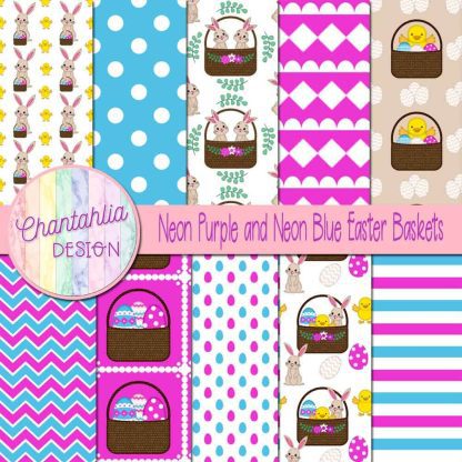 Free neon purple and neon blue Easter baskets digital papers