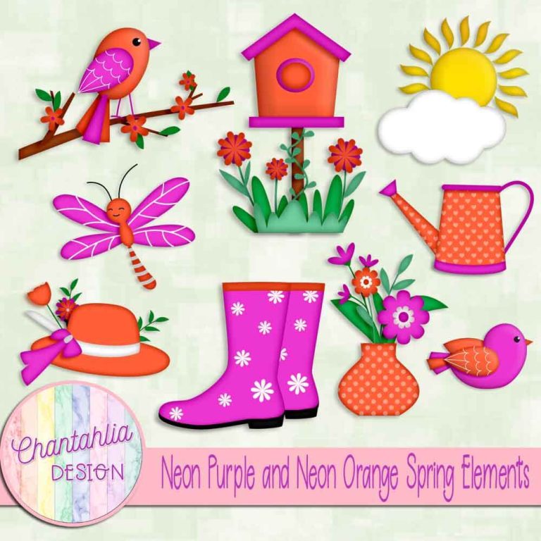 Neon Spring Theme Neon Purple and Neon Orange Spring Elements - Chantahlia Design