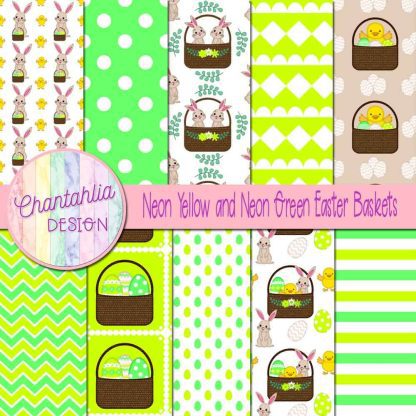 Free neon yellow and neon green Easter baskets digital papers