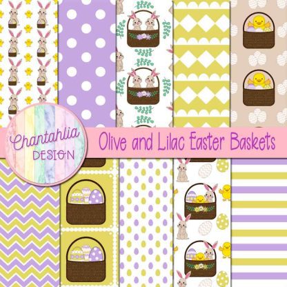 Free olive and lilac Easter baskets digital papers