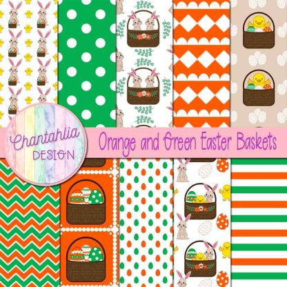 Free orange and green Easter baskets digital papers