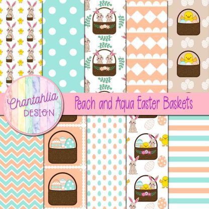 Free peach and aqua Easter baskets digital papers