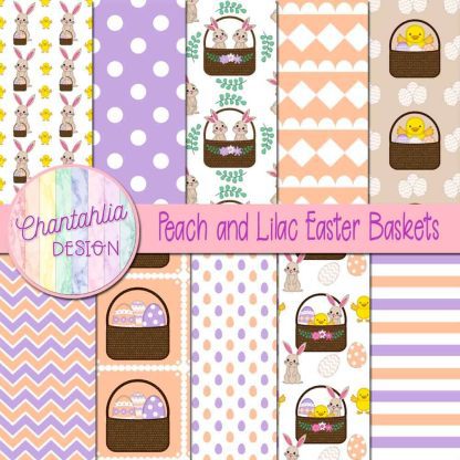 Free peach and lilac Easter baskets digital papers