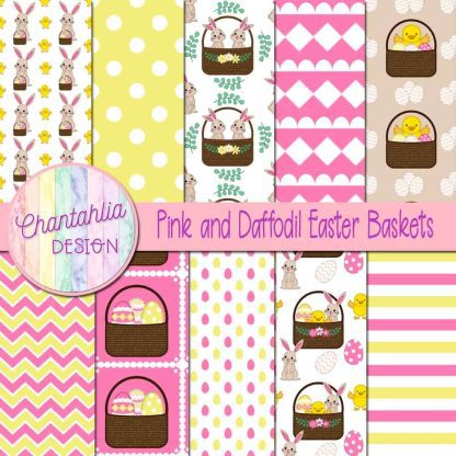 Free pink and daffodil Easter baskets digital papers