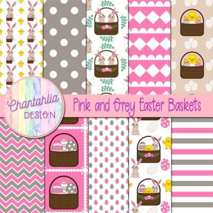 Free pink and grey Easter baskets digital papers