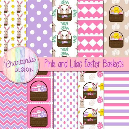 Free pink and lilac Easter baskets digital papers