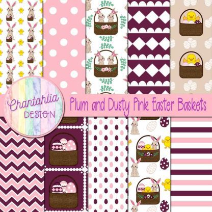Free plum and dusty pink Easter baskets digital papers