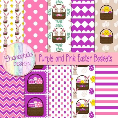 Free purple and pink Easter baskets digital papers