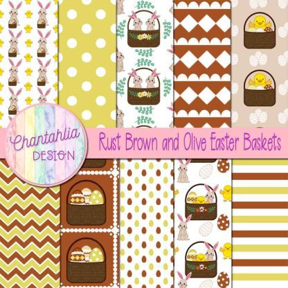 Free rust brown and olive Easter baskets digital papers