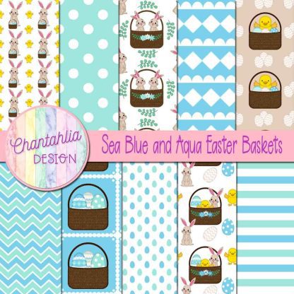 Free sea blue and aqua Easter baskets digital papers