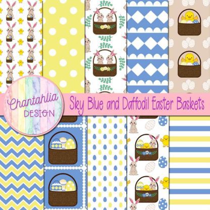 Free sky blue and daffodil Easter baskets digital papers