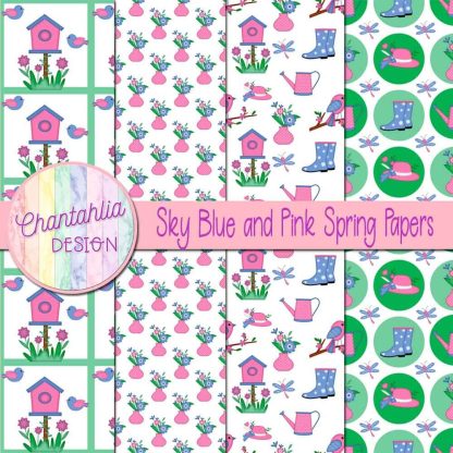 Free sky blue and pink Spring digital papers
