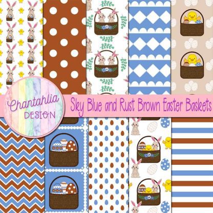 Free sky blue and rust brown Easter baskets digital papers