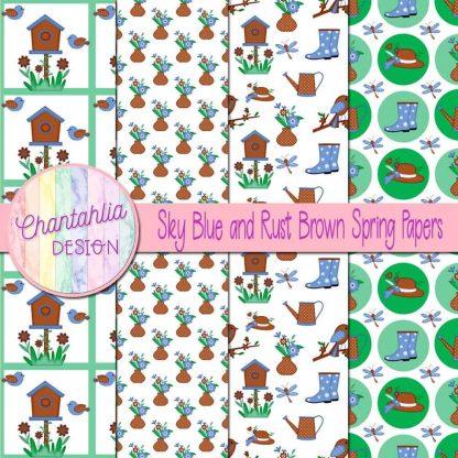 Free sky blue and rust brown Spring digital papers