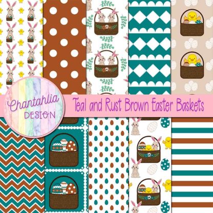 Free teal and rust brown Easter baskets digital papers
