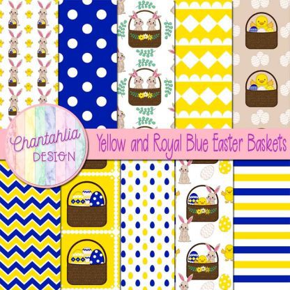 Free yellow and royal blue Easter baskets digital papers