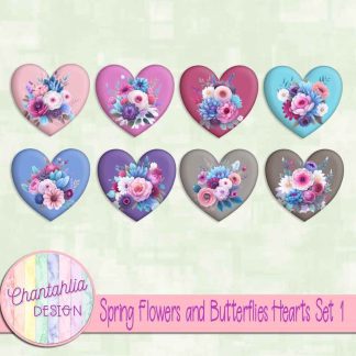 Spring Flowers and Butterflies Hearts Set 1