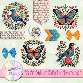 Folk Art Birds and Butterflies Elements Set 1