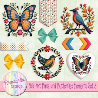 Folk Art Birds and Butterflies Elements Set 3