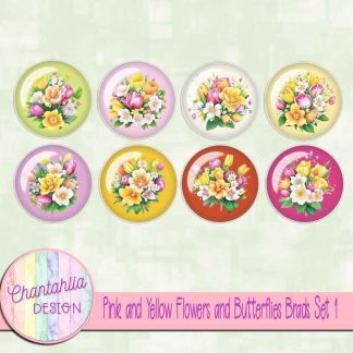 Pink and Yellow Flowers and Butterflies Brads Set 1