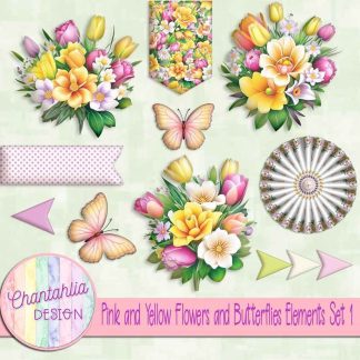 Pink and Yellow Flowers and Butterflies Elements Set 1
